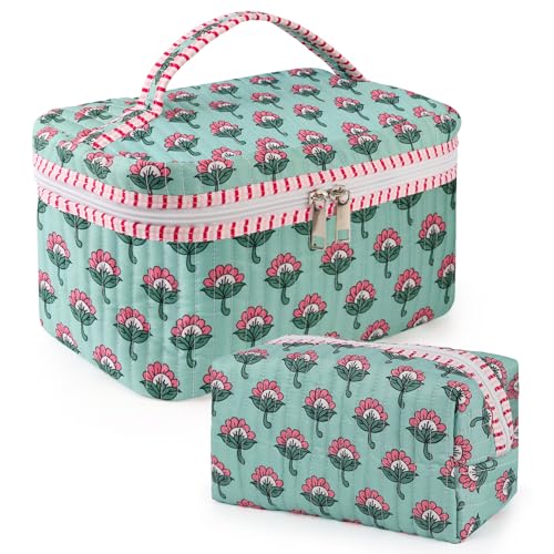 Pink Ice Green Floral Quilted Makeup Bag Set - Travel Cosmetic Bags for Women & Girls