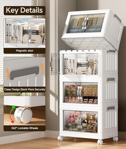 White 35 QT Stackable Storage Bins with Lids - 4 Tier Collapsible Plastic Closet Organizer