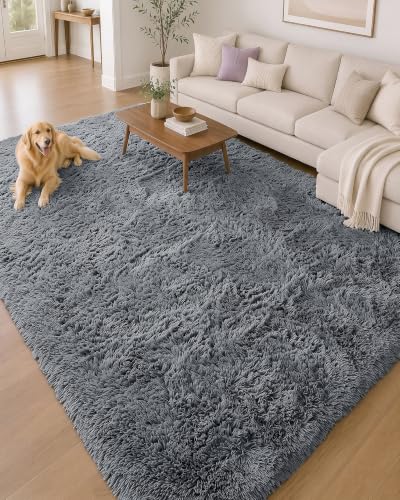 6x9 Ft Grey Large Area Rug - Machine Washable Fluffy Shaggy Bedroom & Living Room Floor Carpet - Non-Slip Indoor Home Decor