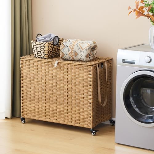 Large Laundry Hamper with Wheels 52.8 Gallon Rattan Clothes Basket with Lid & Removable Liners - Natural, 200L