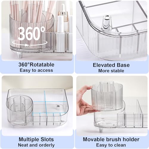 DASITON Clear Rotating Makeup Organizer with Multi-Compartment & Brush Holder