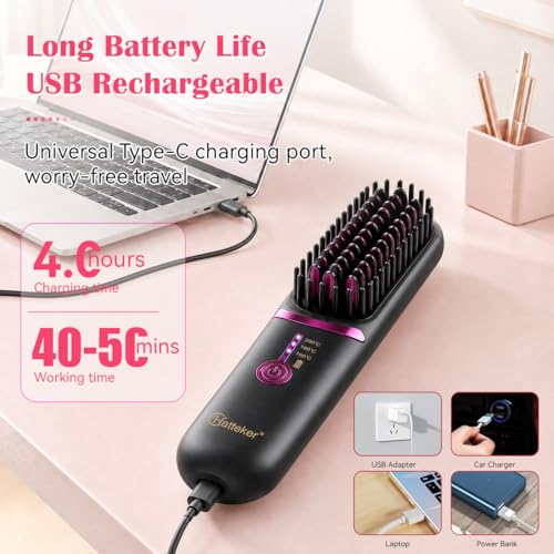 Hatteker Cordless Hair Straightener Brush Black – Portable Travel Flat Iron & Comb