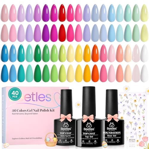 beetles Pastel Gel Polish Set - Petal Symphony Collection, 40 Pcs 36 Colors Easter Gel Polish Set Spring Colors Pink Red Green Blue Color Gel with Base&Glossy Matte Top Coat UV LED Nail Art