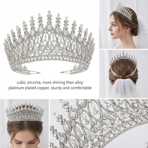 QXMYOO Silver Tall Wedding Tiara for Bride Large Queen Crown with Cubic Zirconia - Bridal Hair Accessories