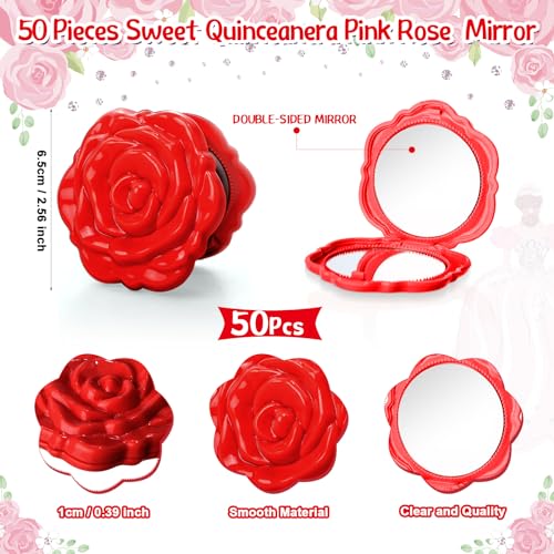 Red Rose Quinceañera Party Favors Set - 50 Compact Mirrors & Accessories