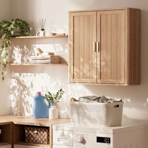 INNOD Wood Wall-Mounted Bathroom Cabinet Over Toilet Storage with Adjustable Shelf (Natural Oak) - Included Doors