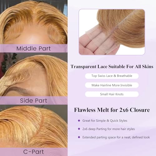 Honey Blonde 2x6 Lace Closure Body Wave Human Hair - 180% Density, Variation: 12''