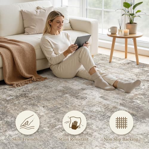 9x12 Rectangular Area Rug - Abstract Washable Living Room Carpet in Gold, Brown & Grey - Non-Slip Backing