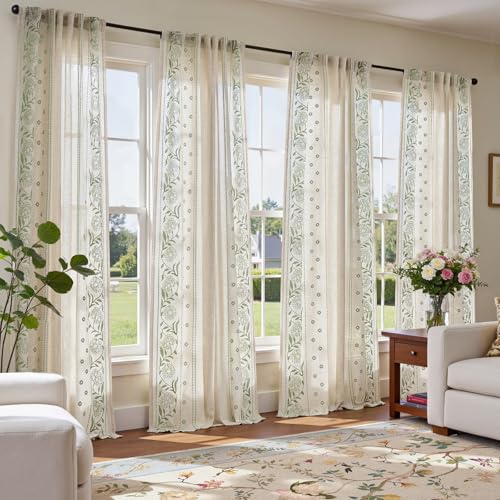 Jinchan Sage Floral Linen Curtains 50"W x 84"L, Pack of 4, Back Tab, Vintage Style