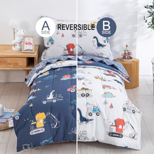 Dinosaur Car Twin Bedding Set - Reversible Comforter & Sheets for Boys, 4 Pieces