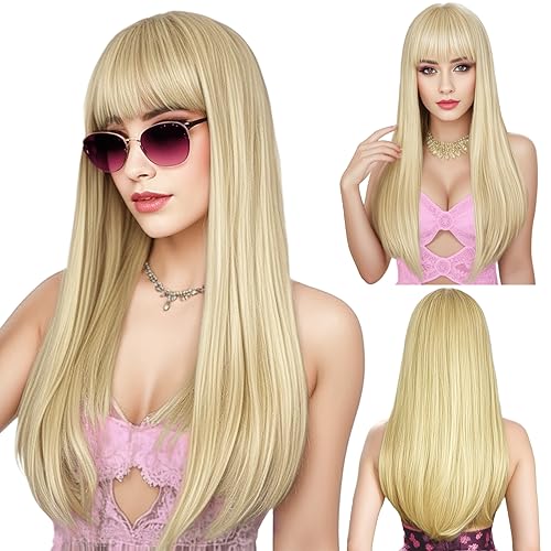 Blonde Wig with Bangs - Long Straight Synthetic Hair 22 Inch for Women & Girls - Daily, Party, Cosplay