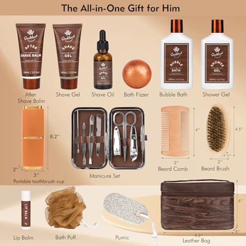 Men's Spa & Grooming Gift Set with Sandalwood & Cedarwood, Leather Bag