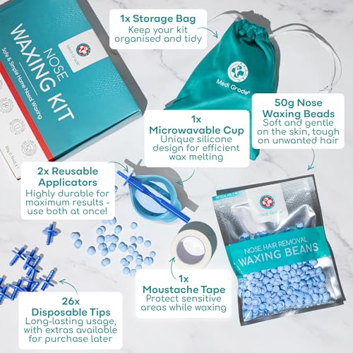 Medi Grade Eco-friendly Nose Wax Kit for Men and Women, 26 Applications, Reusable Metal Nose Wax Stick, Microwavable Cup - Nose Hair Wax Removal for Unsightly, Itchy Nasal Hair