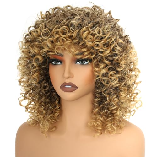 Blonde Mixed Brown Curly Afro Wig for Women 14in Short Kinky 70s Style with Bangs