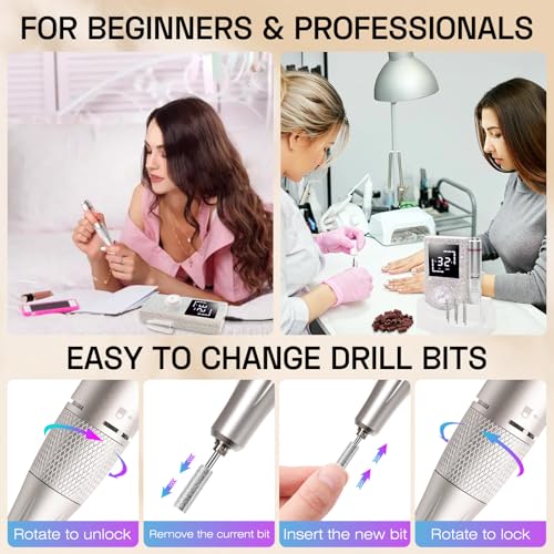Electric Nail Drill File Machine - Portable Cordless 45000RPM with Stepless Speed Knob - Nail Art & Manicure Kit - Nail Drill Variation