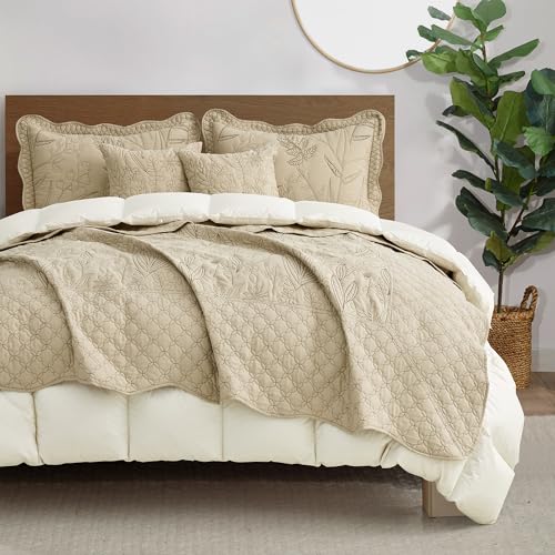 CHIXIN Queen Size Botanical Leaves Quilt Set with Reversible Coverlet & Shams, Lightweight Bedspread, Taupe, 5 Pieces