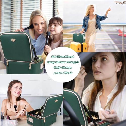 Travel Makeup Bag with Light Up Mirror - Green Waterproof Cosmetic Case with LED Lights & Adjustable Dividers