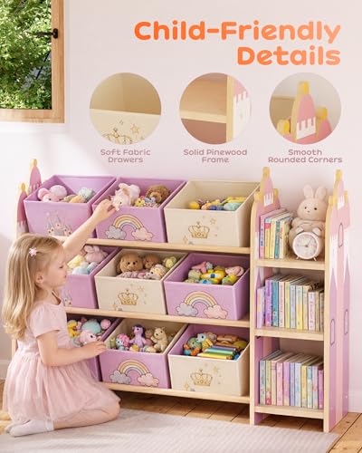 Toy Storage Organizer with 3 Shelves and 9 Bins - Pink Castle Theme