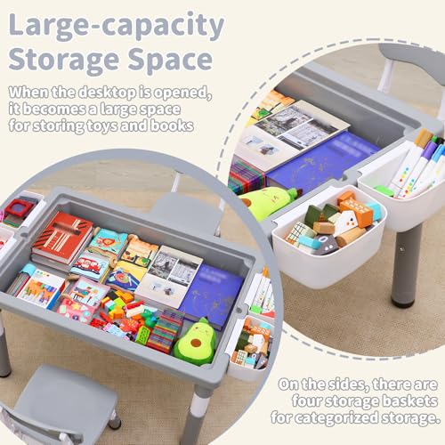 Kids 4-in-1 Table and 2 Chairs Set with Storage & Reversible Surface - Light Gray