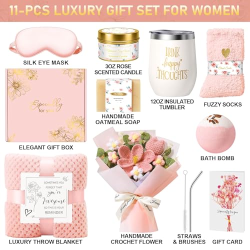 Pink Self Care Gift Basket for Women - Spa Set with Crochet Flower Bouquet, Tumbler & More