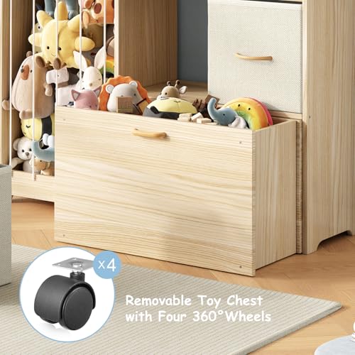 Kids Toy Storage Organizer with Stuffed Animal Shelf - Burlywood Kids Toy Shelf with 2 Drawers & Rolling Chest