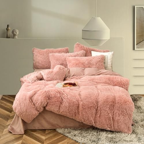 King Shaggy Faux Fur Comforter Cover Set - Blush Pink 5-Piece Luxury Bed Set