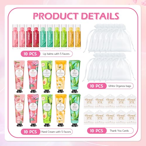 20 Pack Bulk Gifts, Lip Balm Bulk and Hand Cream Gift Set With Organza Bag Thank You Card,Thank You Gift,Bridal Wedding Favors & Baby Shower Wedding Gifts For Guests, Christmas Gift Stocking Stuffers