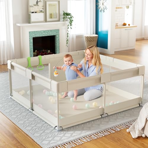 Fodoss Beige Baby Playpen 47x47in, Safety Mesh Play Yard for Toddlers & Babies