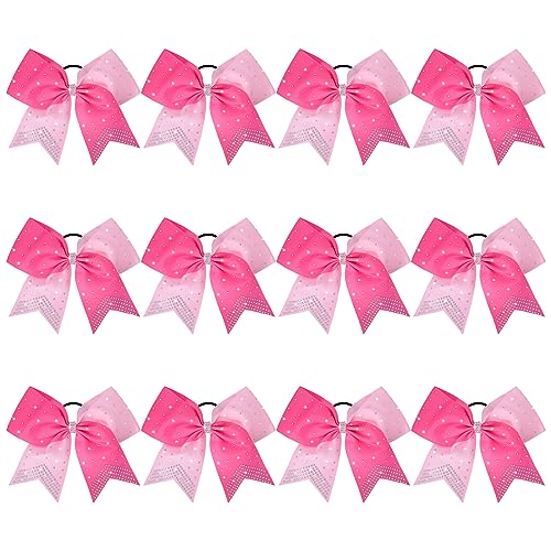 CEELGON 12 Pack Light Pink & Hot Pink Rhinestone Cheer Bows 7" Ponytail Holders for Cheerleaders Girls Sports