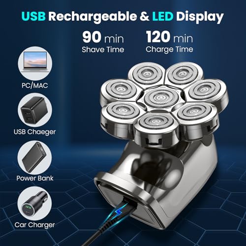 Phisco Electric Head Shaver for Men Gunmetal - Fast Charging Bald Shaver with 8D Floating Heads