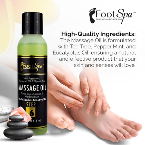 Foot SPA - Massage Oil, with Tea Tree, Pepper Mint, Eucalyptus Oil, 4 Oz - Professional Full Body Massage Therapy, Manicure, Pedicure - Relax Sore Muscles and Repair Dry Skin
