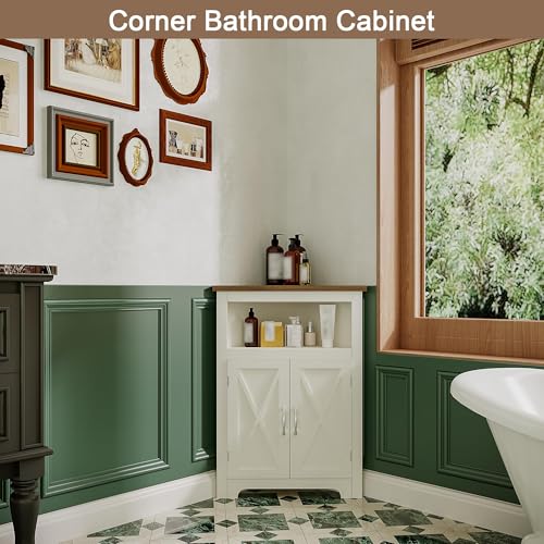 Corner Storage Cabinet with Barn Door Design - Soft White & Brown