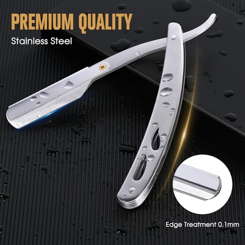 TSMADDTS Professional Straight Razors Kit with Silver Straight Blade Razor, 20-Pack Single Edge Blade, Scissors, Tweezers, Leather Holder