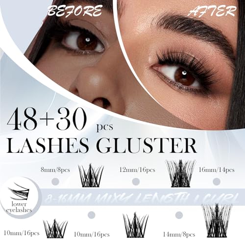 Lash Clusters Kit for Sensitive Eyes - Salon-Quality DIY Eyelash Extensions, Waterproof & Hypoallergenic, | Includes 8-16mm Wispy & Fluffy Clusters, Adhesive, Seal, Tools (Natural-(black box)