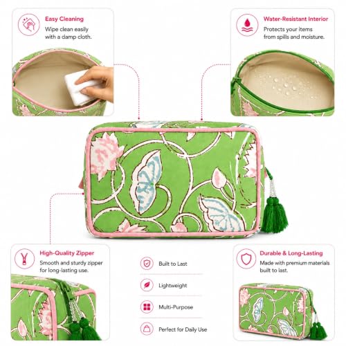 Large Capacity Travel Makeup Bag - Floral Lime & Pink Cosmetic Organizer