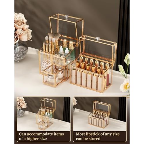 Makeup Brush Organizer ? Vanity Organizer with 18-Slot Lipstick Organizer & Makeup Brush Holder with Lid ? Skincare, Perfume & Cosmetic Storage for Bathroom or Dresser
