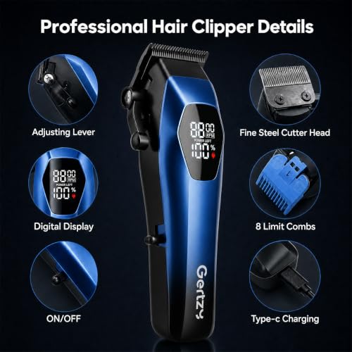 Rechargeable Hair Clippers for Men - Professional Cordless Barber Trimmer Kit with 8 Guide Combs & LED Display