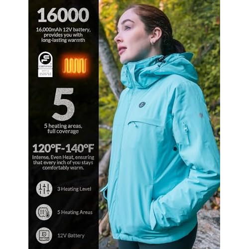 ANTARCTICA GEAR Heated Jacket, Ski Jacket Coat, With 12V/16000mAh Battery Pack, 5 Areas Heating Thicken Women Winter Coat
