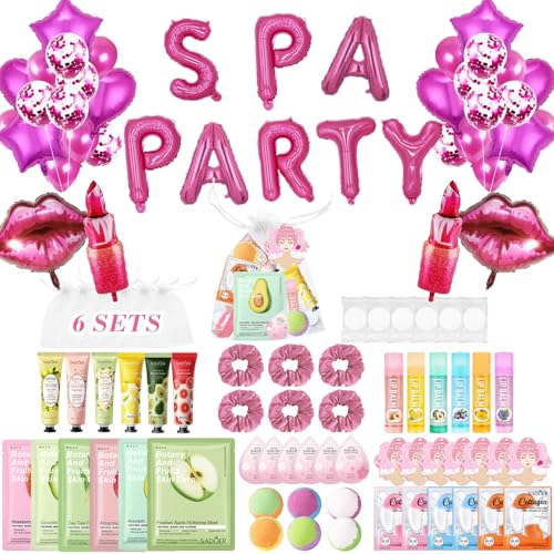 100PCS Spa Party Supplies with Decorations Balloons for Girl,Include Balloons Face Masks Skincare, Lip Balm, Under Eye Patches, Foot Bath Bomb, Birthday Sleepover Supplies Party Kit for Women Gift Set