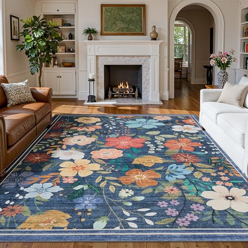 Blue Floral Washable Area Rug 8x10 - Ultra Soft, Non-Slip, Pet Friendly