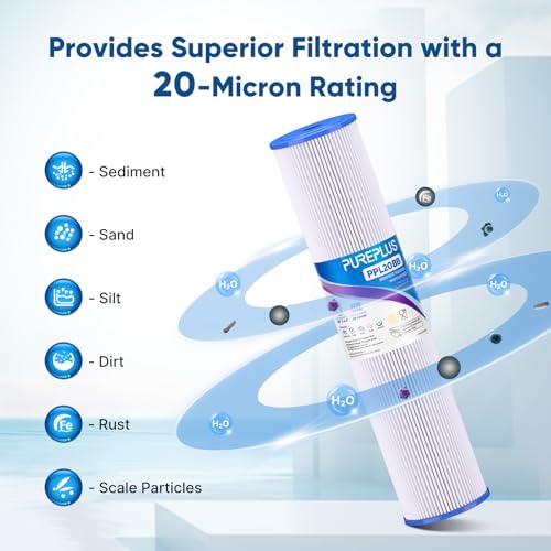 PUREPLUS 20 Micron 20x4.5 Inch Whole House Pleated Sediment Filter - 4 Pack, Model ECP5-20BB