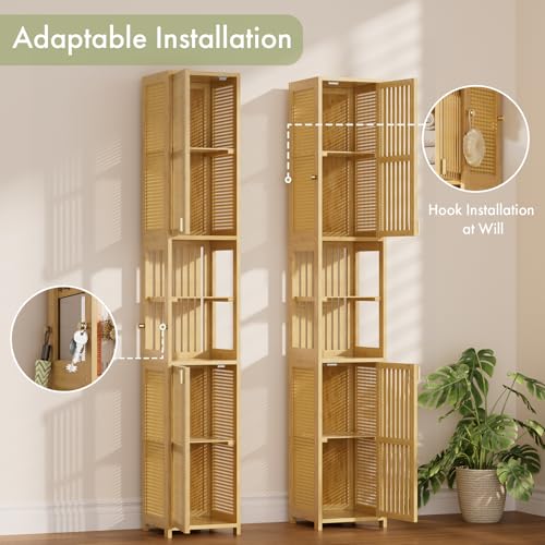 Tall Bathroom Storage Cabinet - Bamboo with Rattan Doors, Adjustable Shelves, Natural Color, 70 Inch