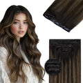 18 Inch Human Hair Clip-in Extensions - Balayage Dark Brown to Chestnut #2/6/2, 130g, 7-Piece Set with Invisible Edges