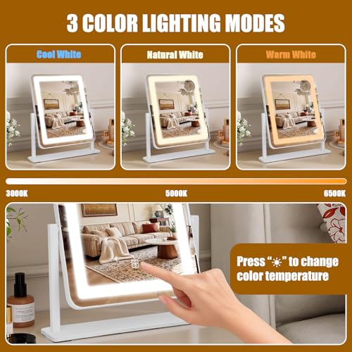 Rechargeable Vanity Mirror with Lights, 3000mAH Battery, 15"¡¿12.2" LED Makeup Mirror, 10X Magnification, Smart Touch with 3-Color Lighting, 360¡Æ Rotation, Lighted Up for Makeup Desk, Bedroom (White)