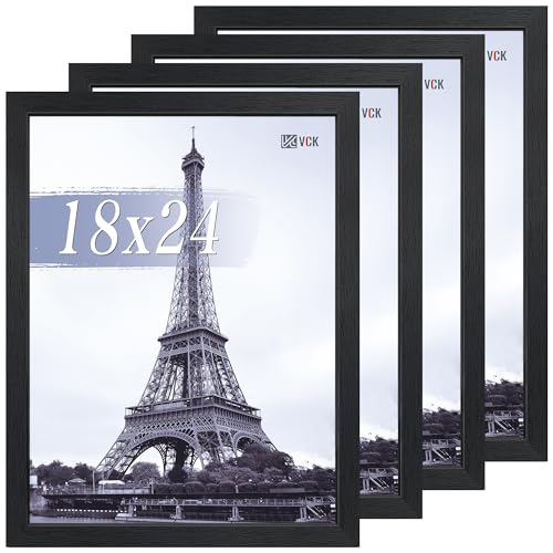 VCK 18x24 Black Picture Frames 4 Pack - Wide Thick Wood Borders, Easy Load Poster Frames
