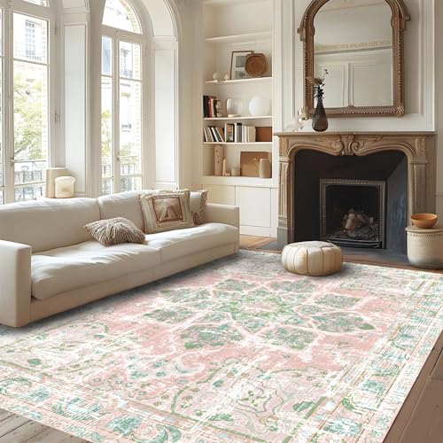 Dusty Pink Boho Area Rug 6x9 Washable Non-Slip Modern Carpet for Living Room