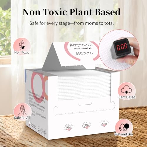 Disposable Face Towels, 10"¡¿12" Face Towel, Towelettes XL, Ultra Soft & Thick Makeup Remover Dry Wipes for Sensitive Skin, Chemical Free 50 Count (1 Pack)