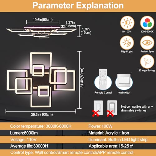 100W Modern LED Ceiling Light with RGB Backlight, Dimmable Flush Mount Fixture