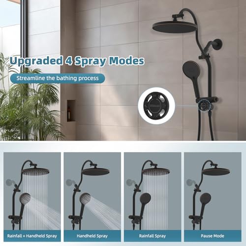 Hibbent 10-inch Rain Shower Head Combo with Bronze Finish, 3 Handheld Sprays & Self-Cleaning