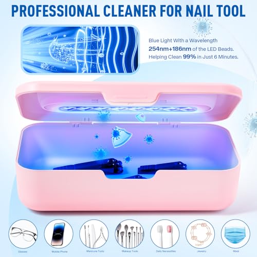 Pink Portable UV Nail Tool Cleaner Box with Blue Light – Rechargeable & Auto Shut-Off
